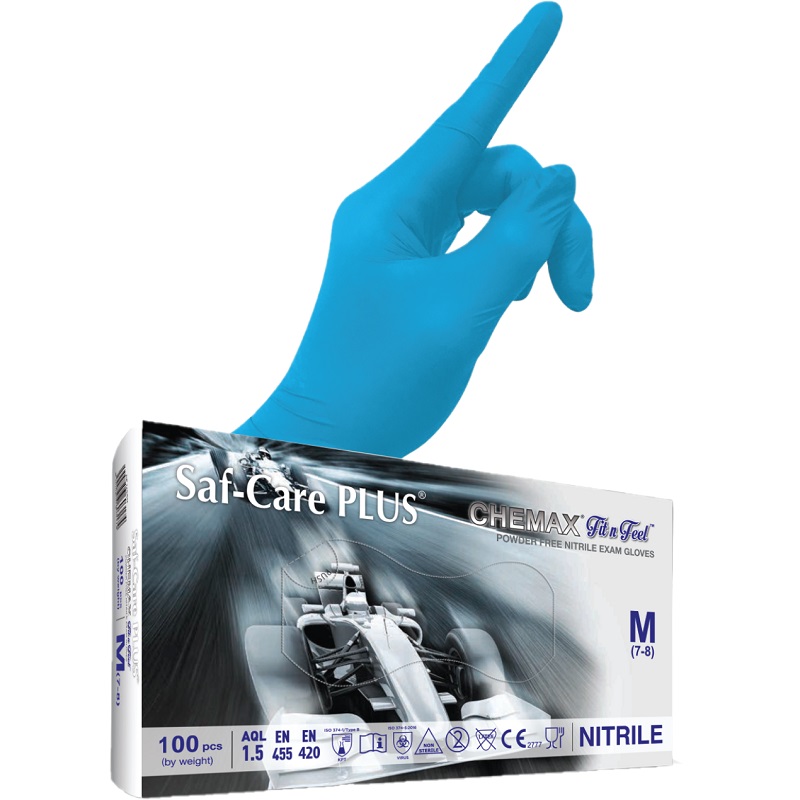 SAF-CARE PLUS CHEMAX FIT N FEEL 藍色無粉丁腈手套 (±100隻)