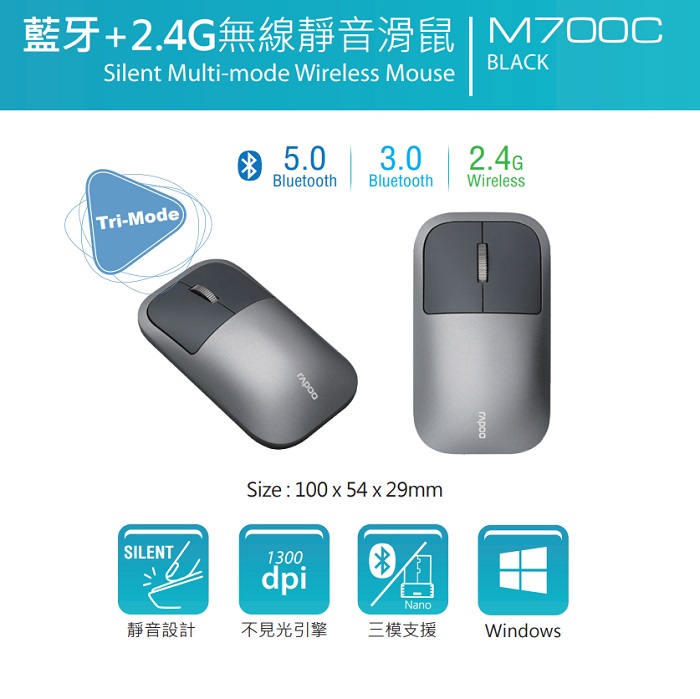 RAPOO M700C 三模靜音 2.4G+BT+TYPE-C 滑鼠 (黑)