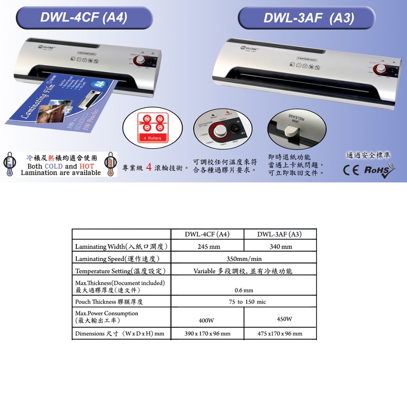 GLOBE DWL-3AF A3 過膠機